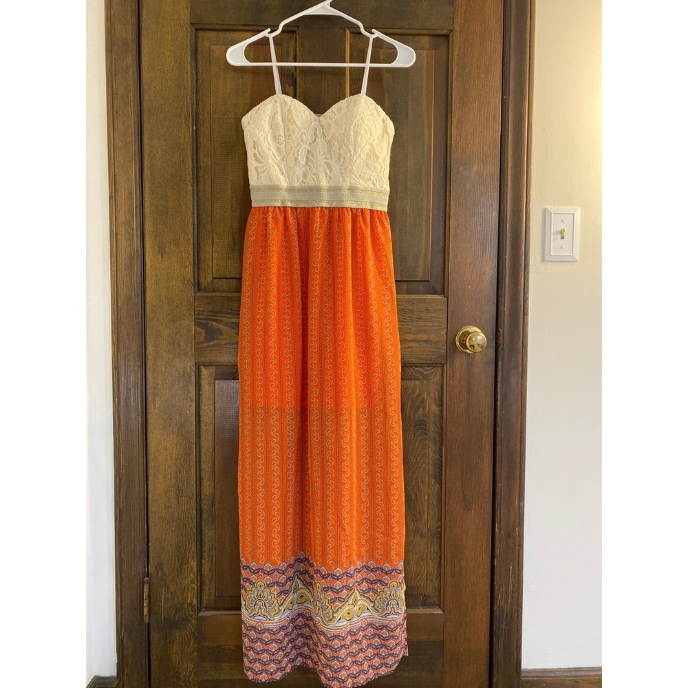 City Triangles Orange Paisley Lace Bodice Maxi Dress NWT Size Medium Boho